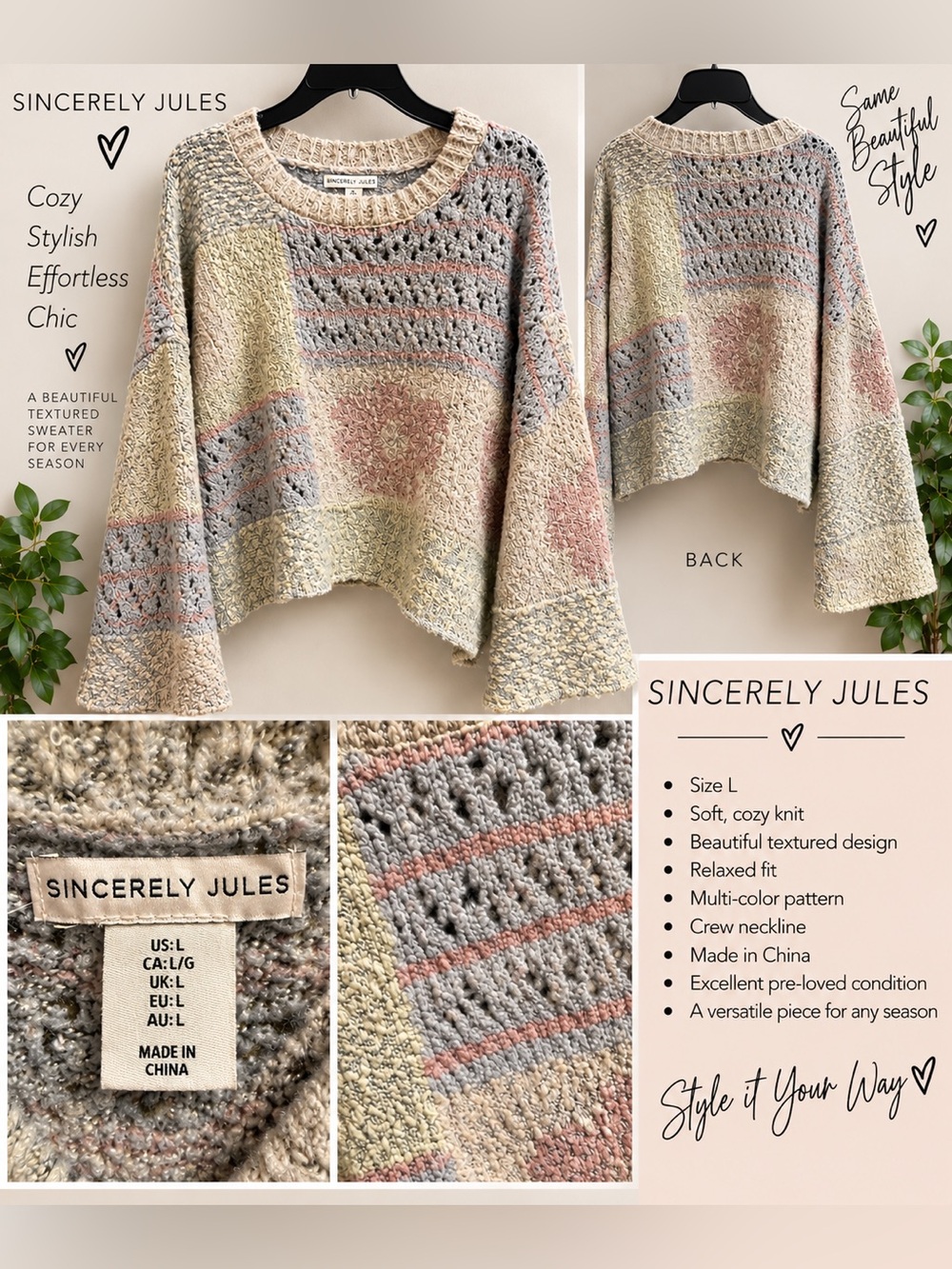 #52 Sincerely Jules Multi-Color Textured Knit Sweater Pastel Patchwork. NWOT